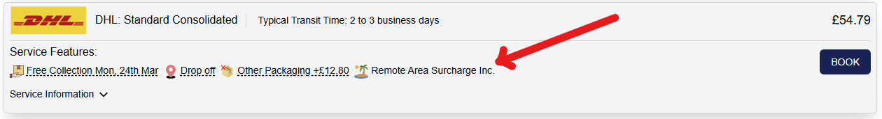 Pricing results showing if remote area charges are included in price