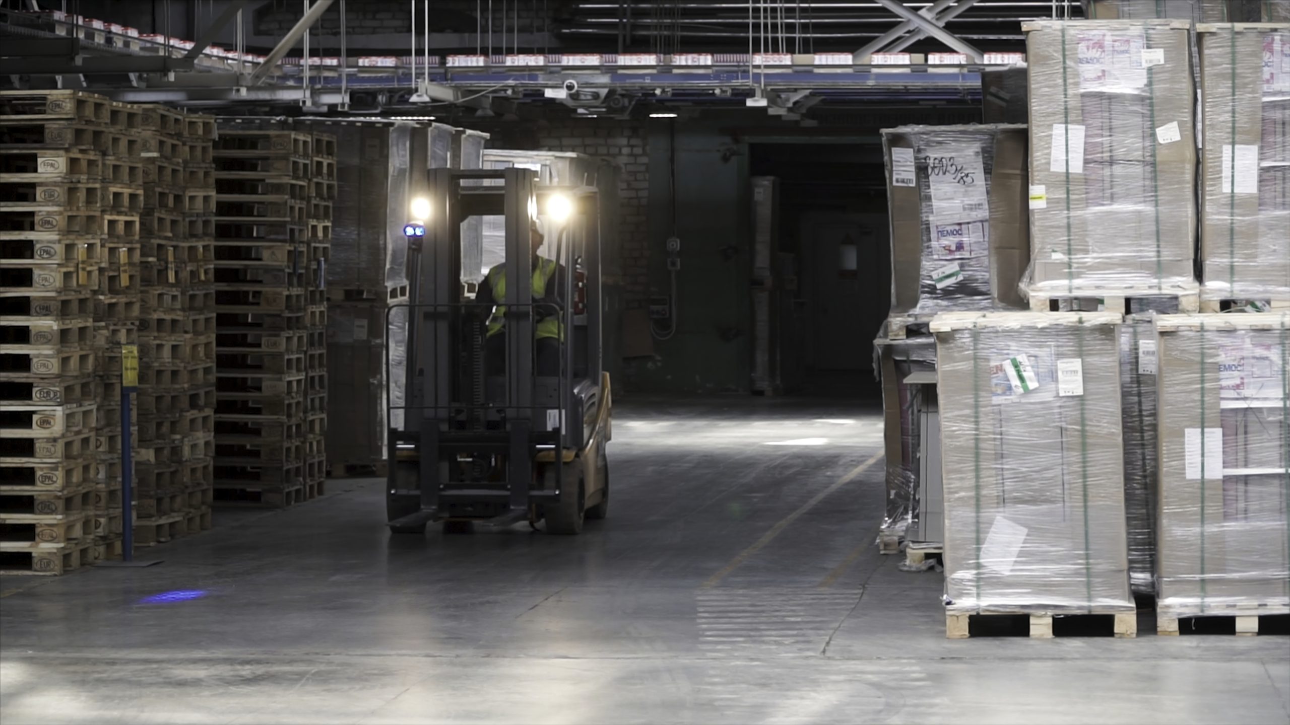 Forklift in a warehouse surrounded by wrapped pallets